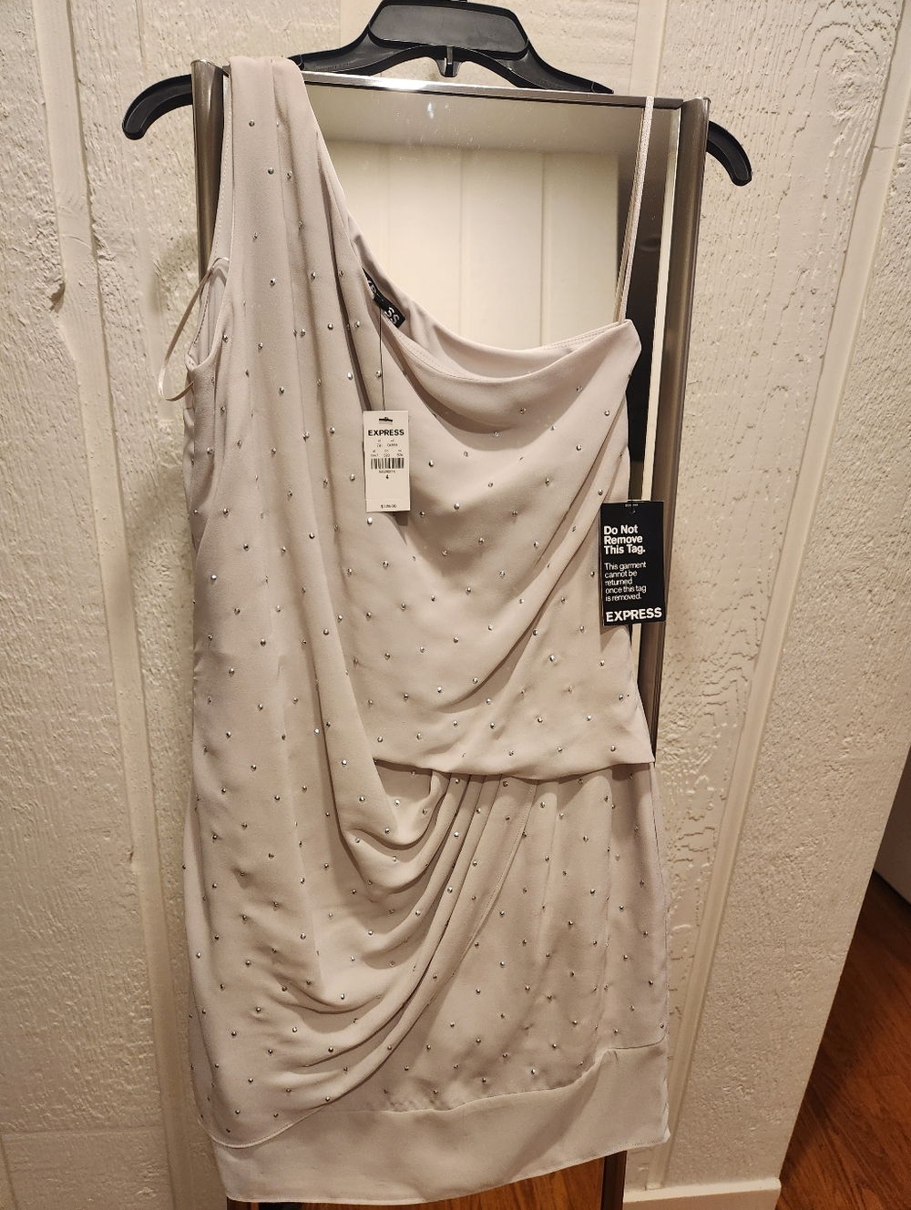 Express One-Shoulder Draped Beaded Dress in Light Beige